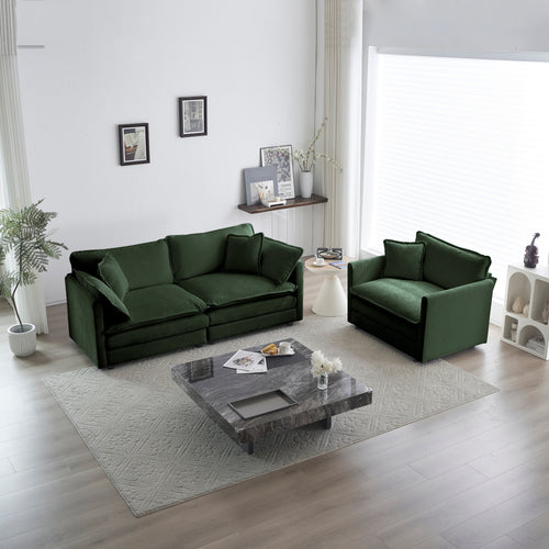 2 Seater Loveseat And Chair Set, 2 Piece Sofa & Chair Set, Loveseat And Accent Chair , 2-Piece Upholstered Chenille Sofa Living Room Couch Furniture 1-2 Seat  ,Green Chenille